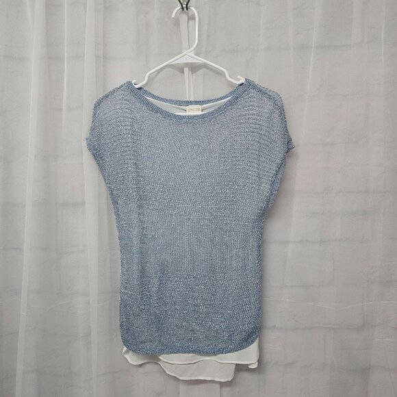 Chico's Blouse Mesh Blue Metallic Layered Glam Knit S - Picture 6 of 10